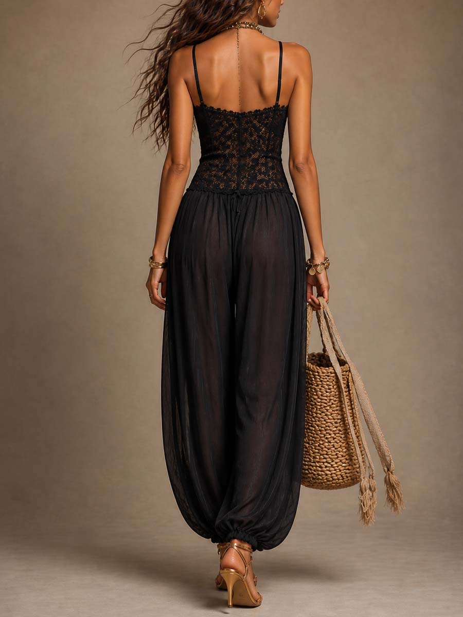 Black Lace Chiffon Halter Harem Jumpsuit
