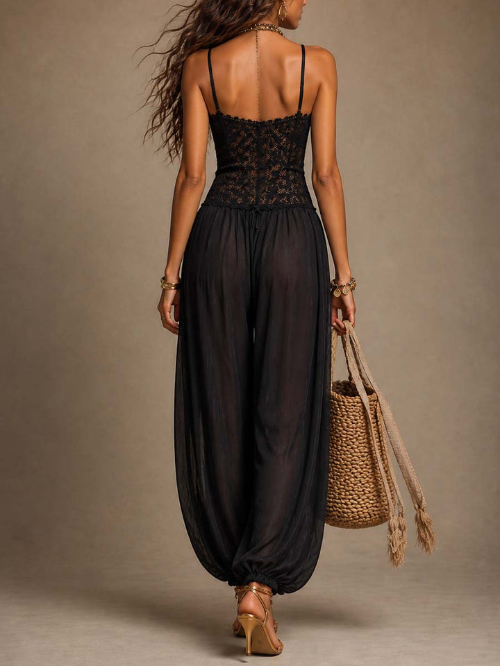 Black Lace Chiffon Halter Harem Jumpsuit
