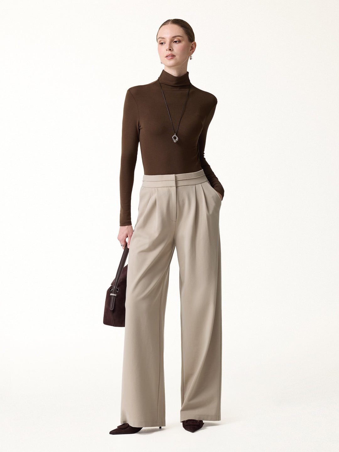 Ponte Mid-Rise Wide-Leg Tuck Pants with Pockets