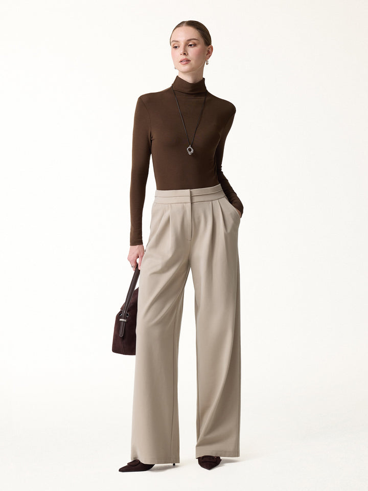 Ponte Mid-Rise Wide-Leg Tuck Pants with Pockets