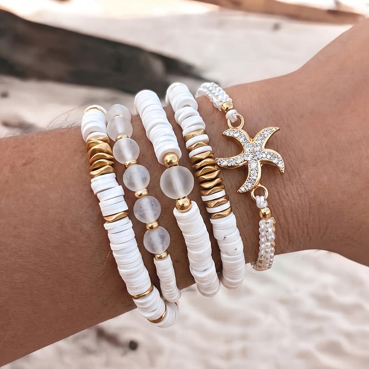 Main shot of the pearl coastal bracelet set of five on display