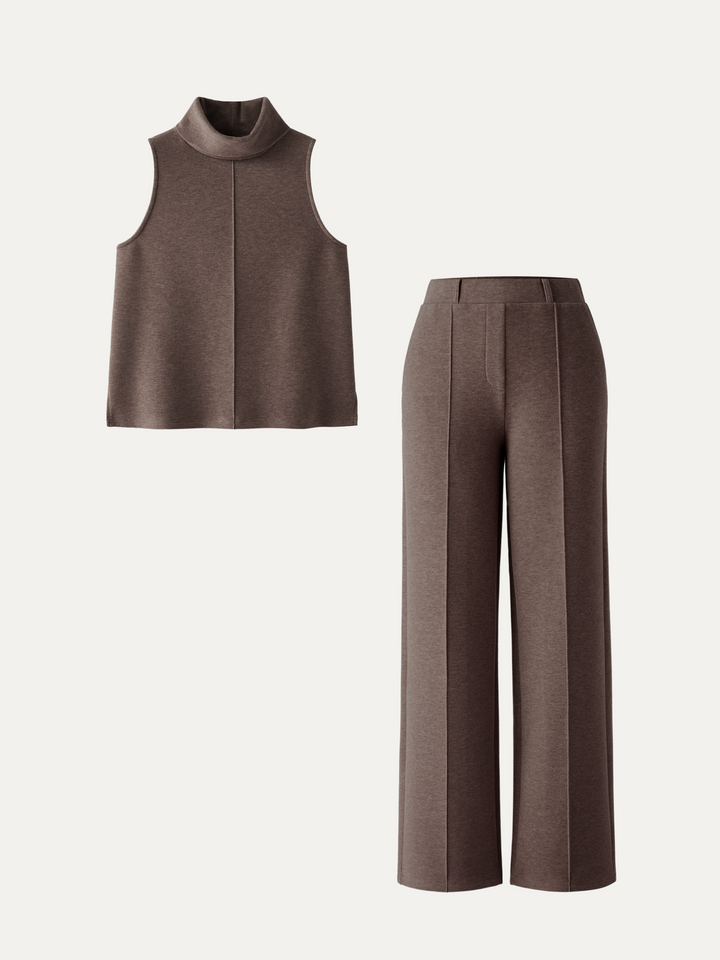 2Pcs Set Regular Split Hem Top & High Waisted Warm Straight Leg Pull On Pant