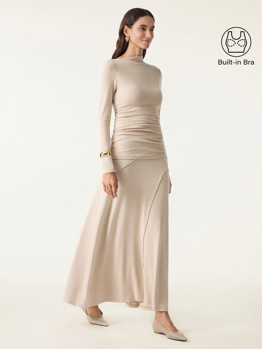 2Pcs Set LiteWarm Asymmetrical Long Sleeve Built-In Bra Top 2.0 & A-Line Midi Skirt