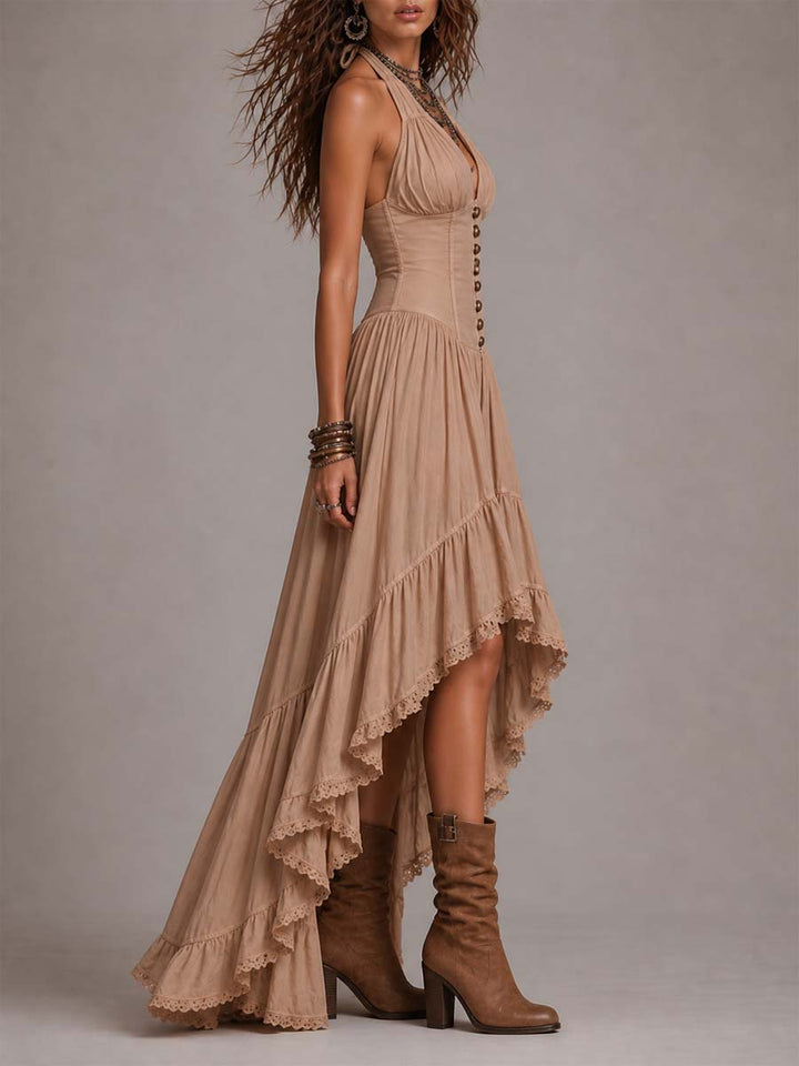 Bohemian Cotton Halter Corset Tiered Maxi Dress