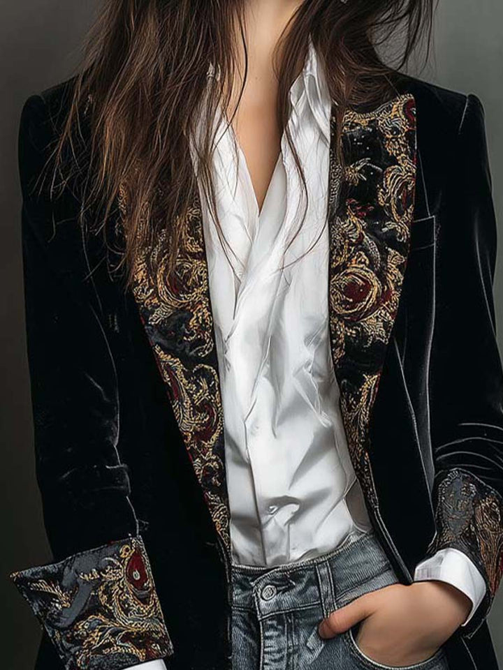 Timeless Vintage Luxury Black Velvet Blazer With Baroque Printed Lapel