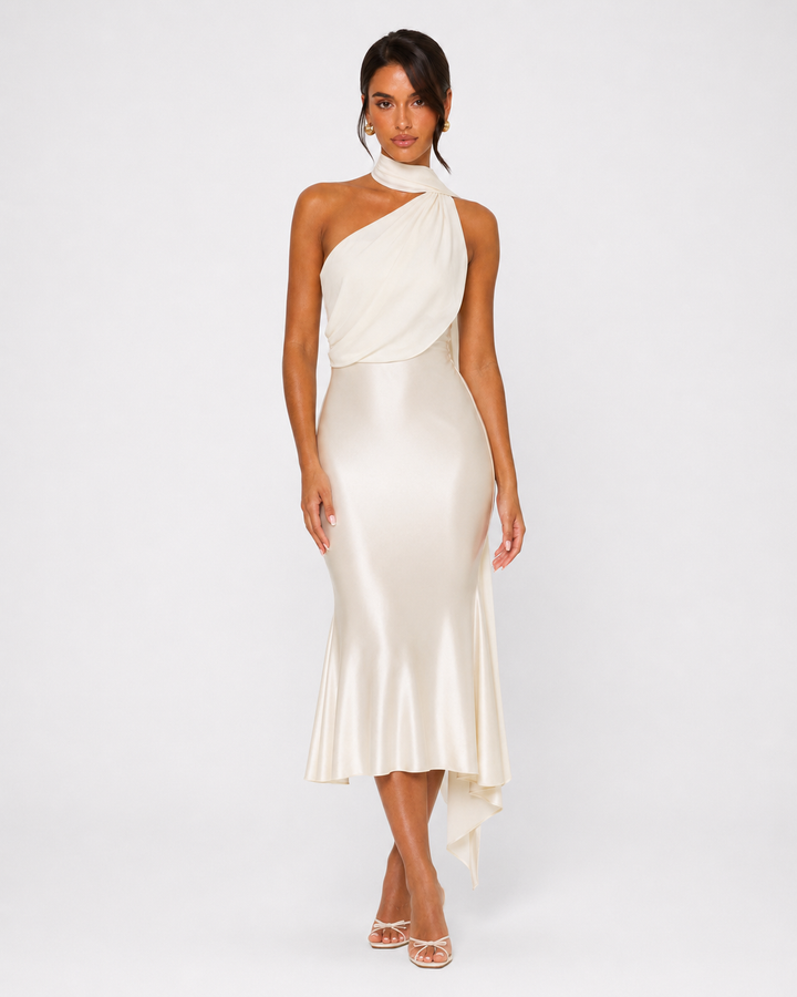 Seraphina Satin Midi — women's midi dress, fit and length reference