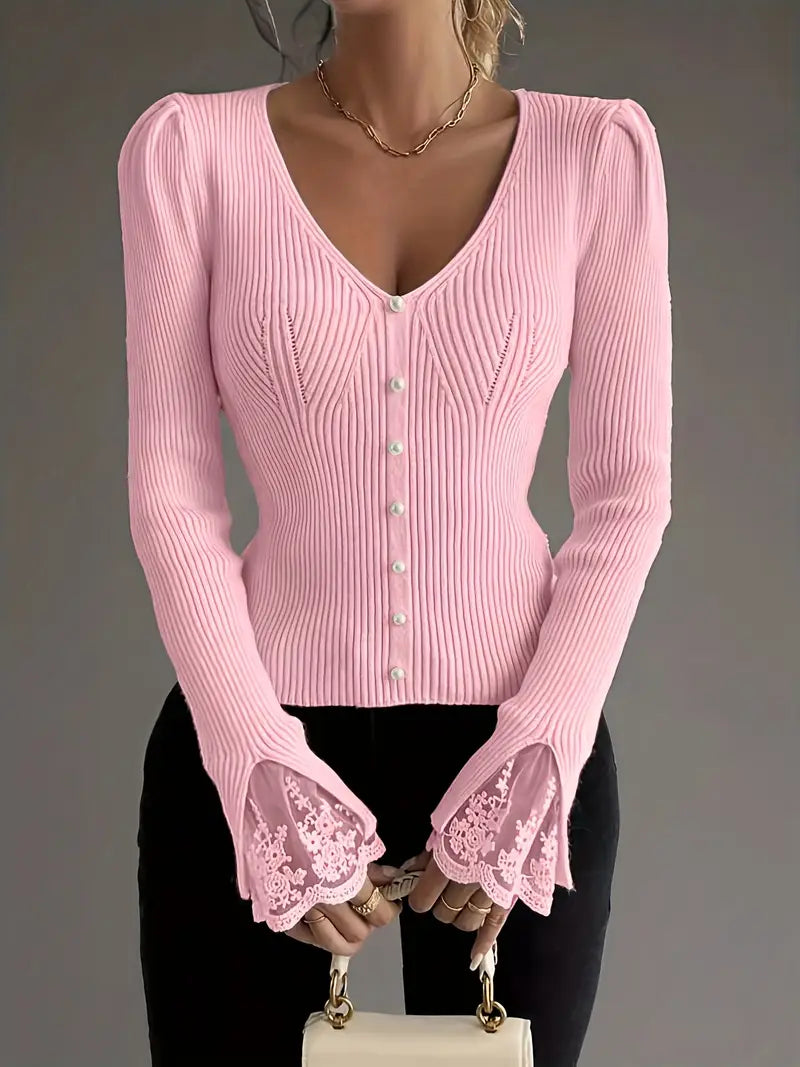 Skylar | Women's Ribbed Knit V-Neck Sweater with Pearl Buttons and Lace Cuffs