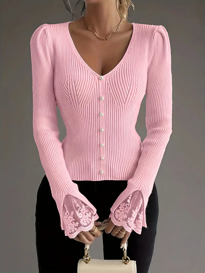 Skylar | Women's Ribbed Knit V-Neck Sweater with Pearl Buttons and Lace Cuffs