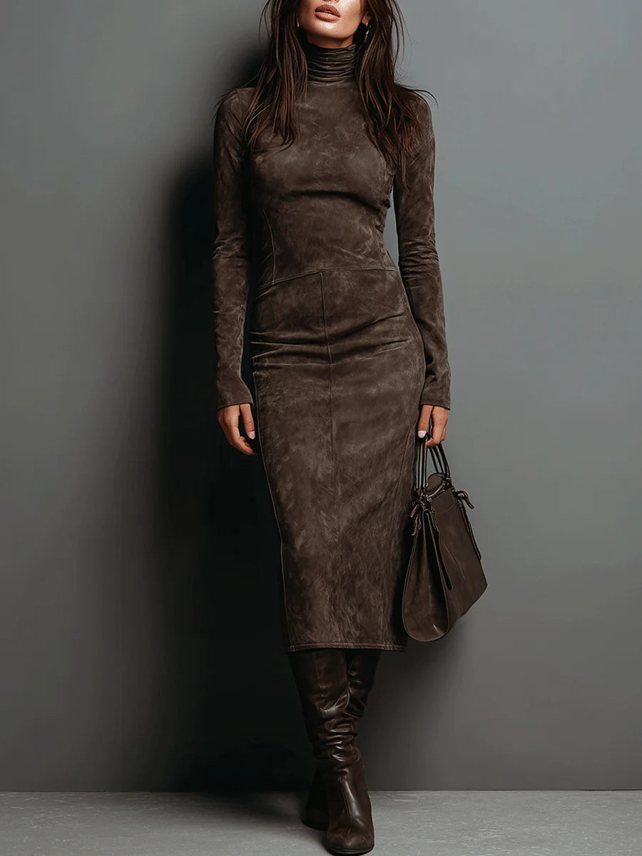 Sophie coffee high neck long sleeve suede midi dress