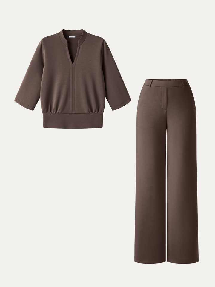 2Pcs Set V-Neck Elbow Sleeve Top & High-Rise Wide Leg Pants with Pockets