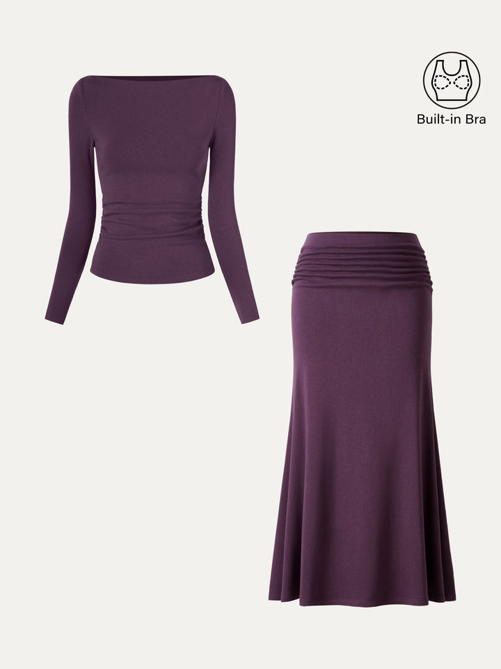 2Pcs Set Boatneck Built-In Bra Top 2.0 & Mid-Rise Ruched Flared Midi Skirt