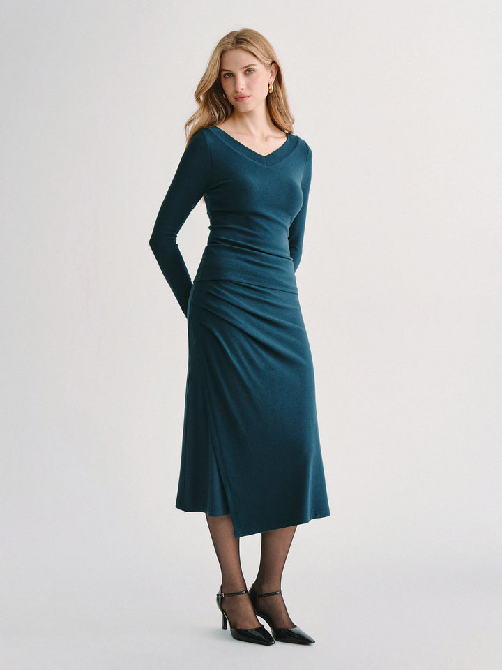 2Pcs Set LiteWarm V-Neck Long Sleeve Built-In Bra Top 3.0 & High-Rise Side-Tuck A-Line Midi Skirt