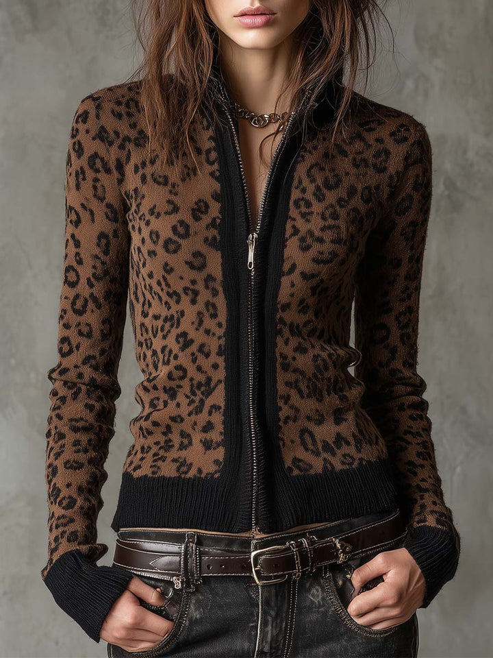 Vintage Leopard Print Slim Fit Zip Cardigan