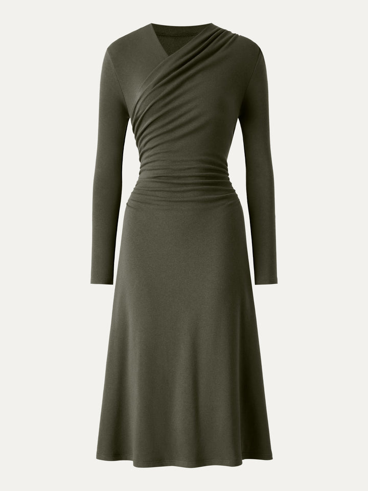ProWarm Crossover Wrap Neck Long Sleeve Ruched Midi Dress