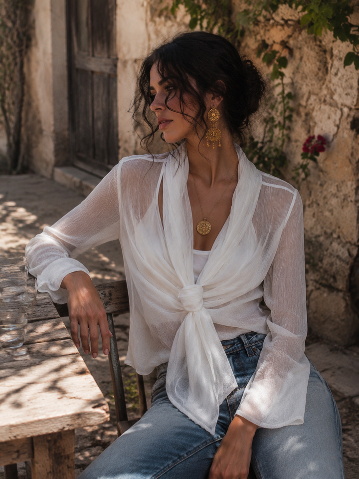 Sheer Crinkled Chiffon Wrap Front Tie Knot Long Sleeve Blouse With Camisole