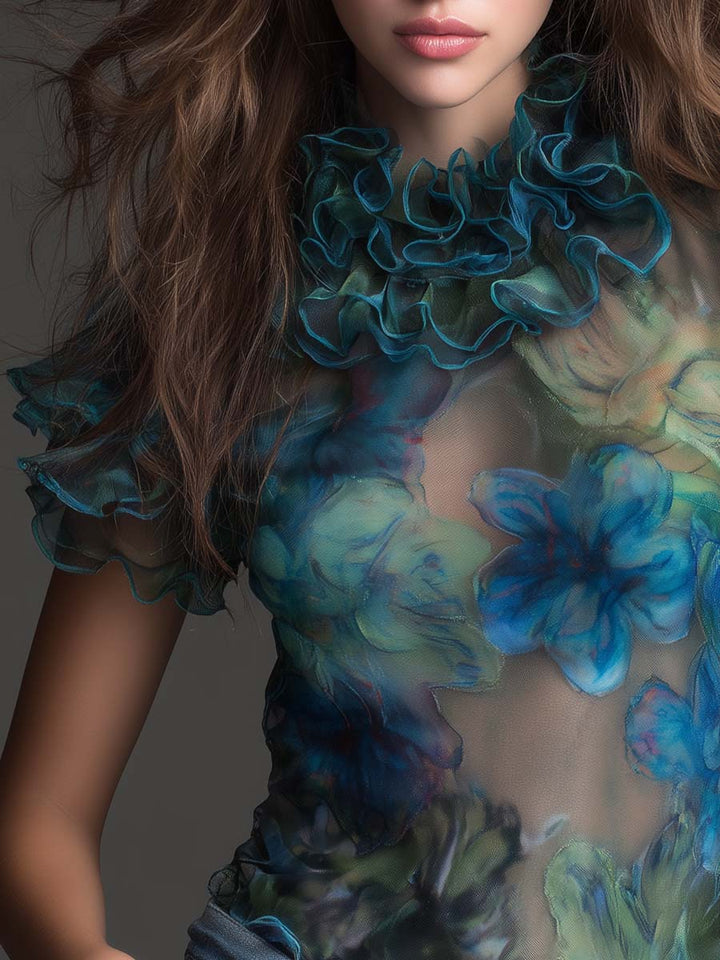 Vintage Boho Sheer Floral Ruffle Mesh Top | Harry & Kate London