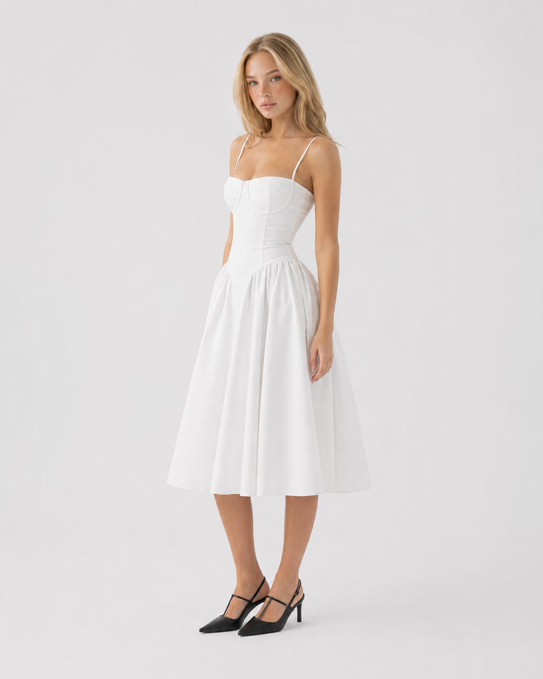 Amour Corset Midi — women's midi dress, fit and length reference