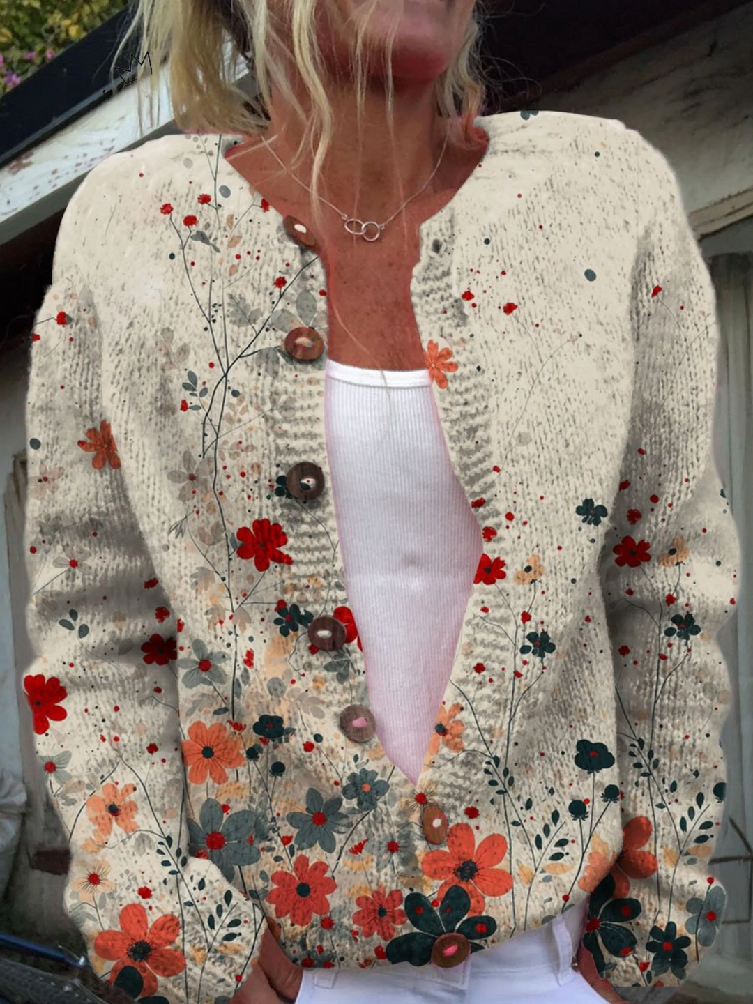 Vintage Floral Art Print Cardigan — front view