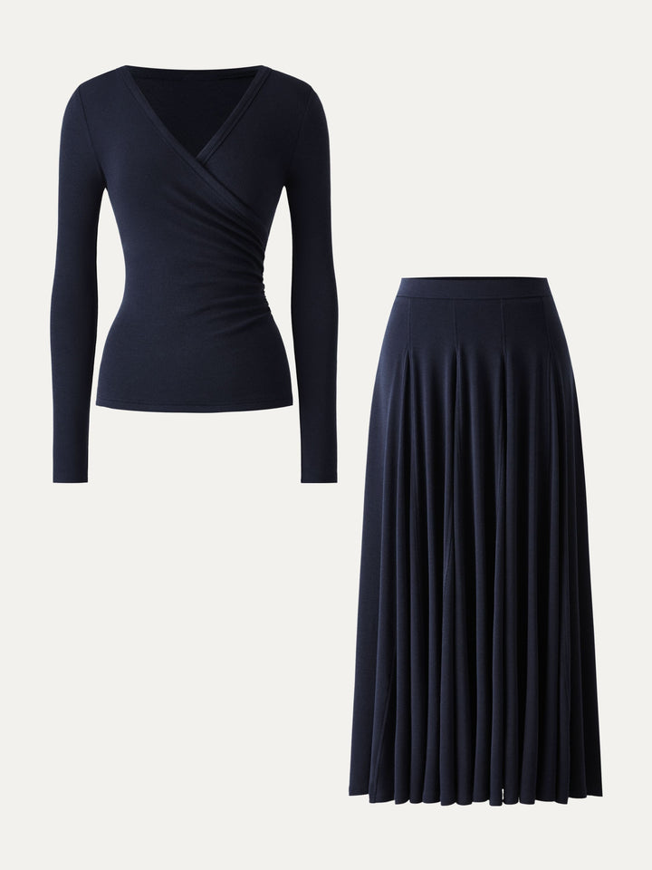 2Pcs Set LiteWarm Surplice Ruched Long Sleeve & Godet Hem Pull-on Maxi Skirt