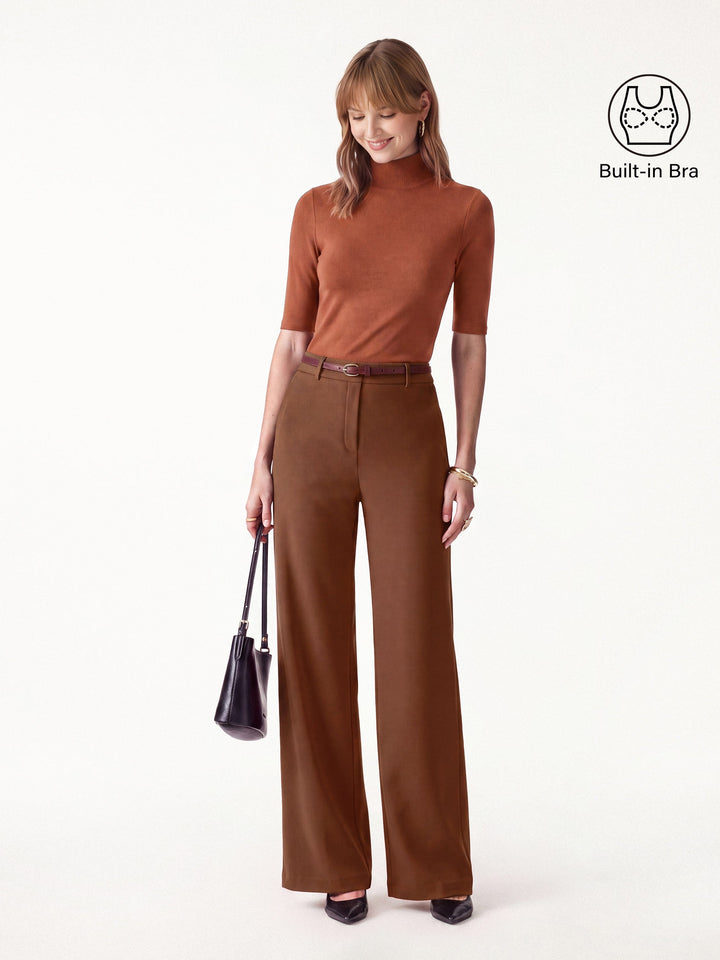 2Pcs Set LiteWarm Elbow Length Sleeve Built-In Bra Top 3.0 & High-Rise Wide Leg Pants