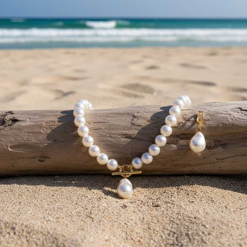 Close-up of the vintage-style pearl necklace clasp and strand