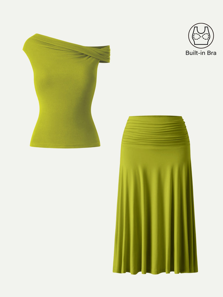 2Pcs Set Multi-wear Built-In Bra Top 2.0 & Side Ruched A-line Midi Skirt