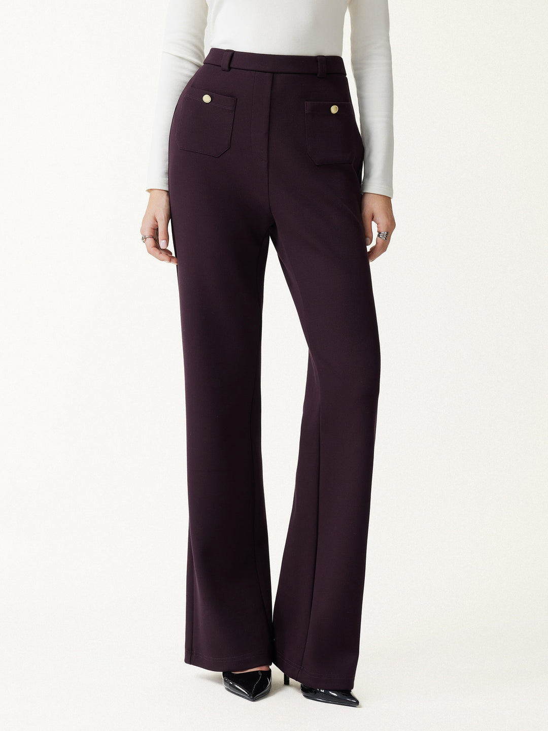 2Pcs Set Round Neck Long Sleeve Belted Jacket with Pockets & Mid-Rise Flared Pants with Pockets