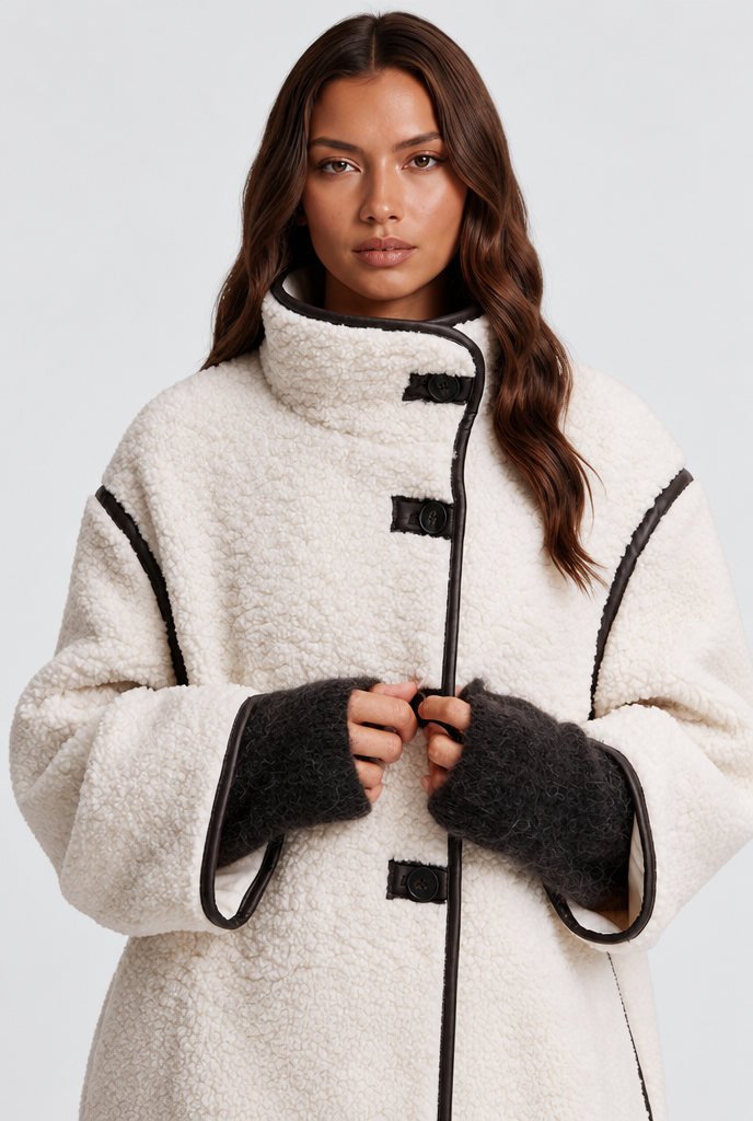 Cream sherpa jacket with black piping and leather tab buttons, front detail view