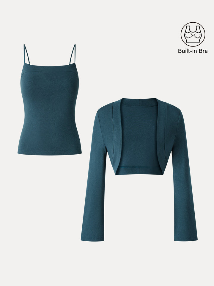 2-Piece Top Set LiteWarm Square Neck Spaghetti Strap Bell Sleeve Built-In Bra Cami 2.0