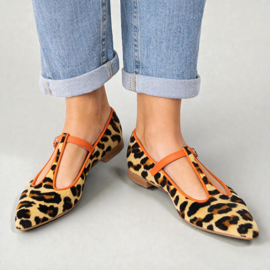 Lulu Leopard T-Strap Flats — side view