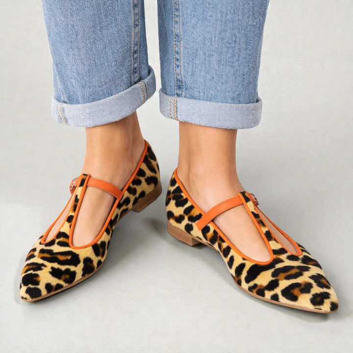 Lulu Leopard T-Strap Flats — side view
