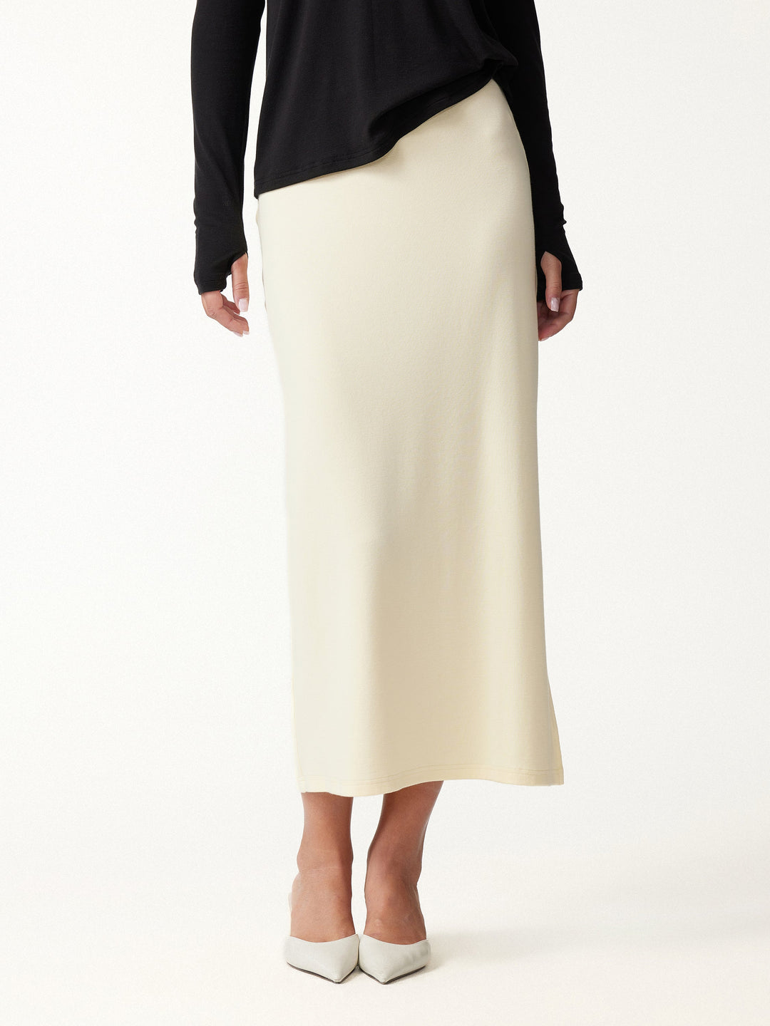 2Pcs Set LiteWarm Boatneck Long Sleeve Top & Mid-Rise Side-Slit Column Midi Skirt