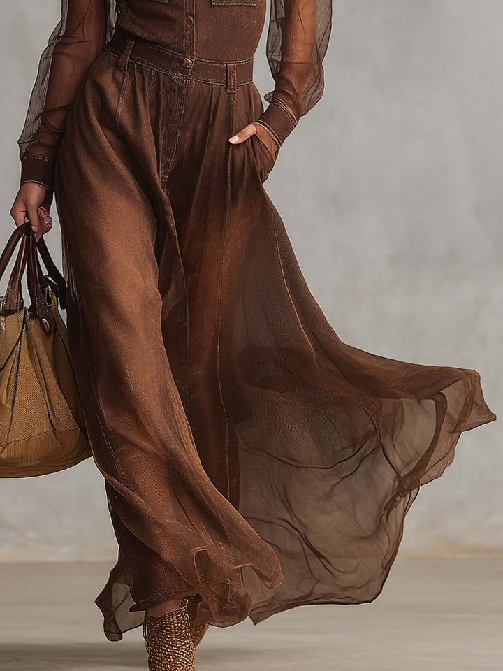 Diana western brown maxi dress back – long sleeve V-neck women