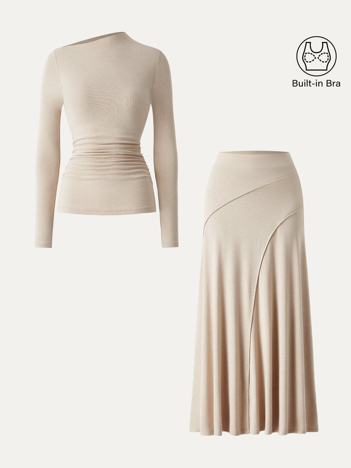 2Pcs Set LiteWarm Asymmetrical Long Sleeve Built-In Bra Top 2.0 & A-Line Midi Skirt