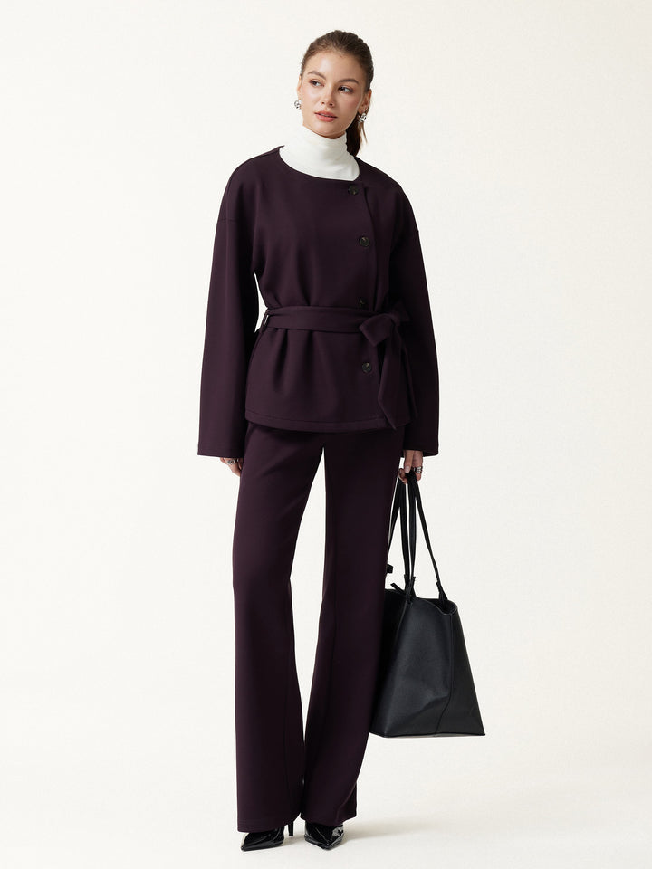 2Pcs Set Round Neck Long Sleeve Belted Jacket with Pockets & Mid-Rise Flared Pants with Pockets
