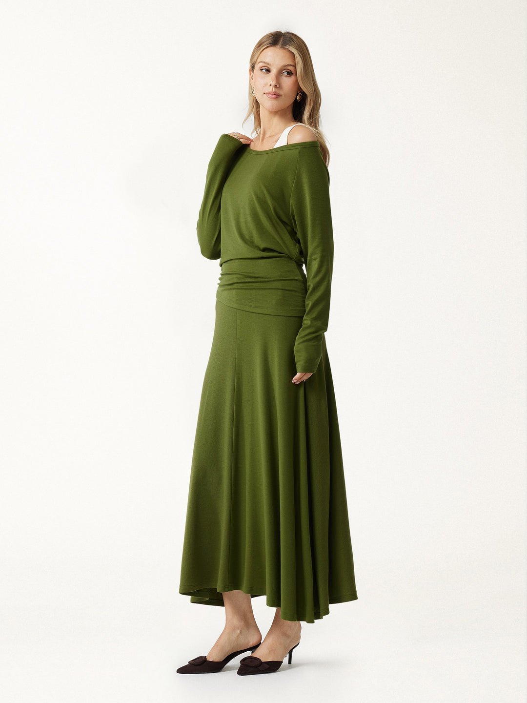 2Pcs Set LiteWarm Boatneck Off-Shoulder Ruched Top & Lyocell-Cashmere Blend Mid-Rise Umbrella Maxi Skirt