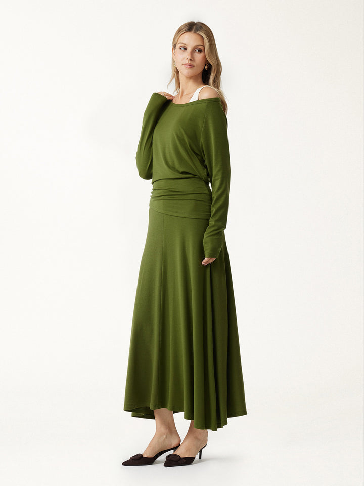2Pcs Set LiteWarm Boatneck Off-Shoulder Ruched Top & Lyocell-Cashmere Blend Mid-Rise Umbrella Maxi Skirt