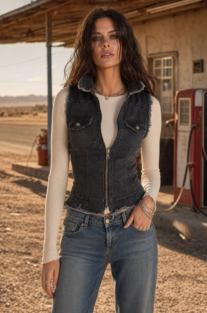 Vintage Zip-Front Distressed Hem Denim Vest