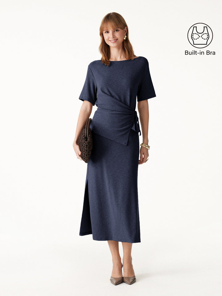 2Pcs Set LiteWarm Short Sleeve Tie-Side Top & Side-Slit A-Line Midi Skirt
