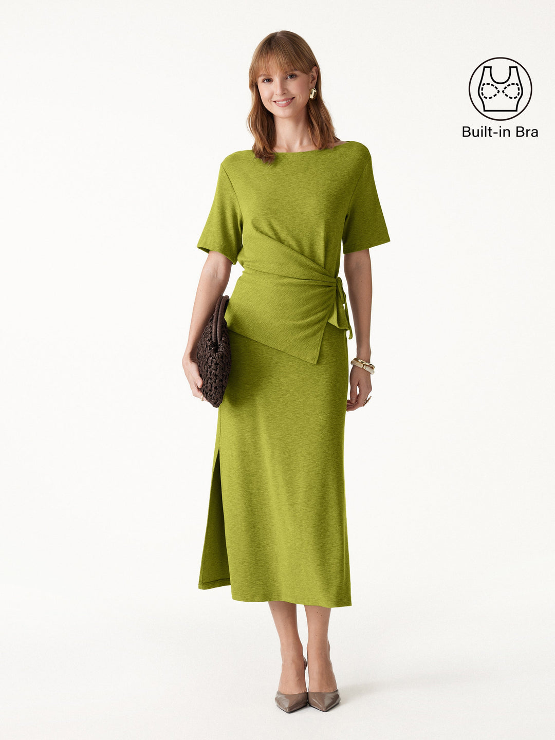2Pcs Set LiteWarm Short Sleeve Tie-Side Top & Side-Slit A-Line Midi Skirt