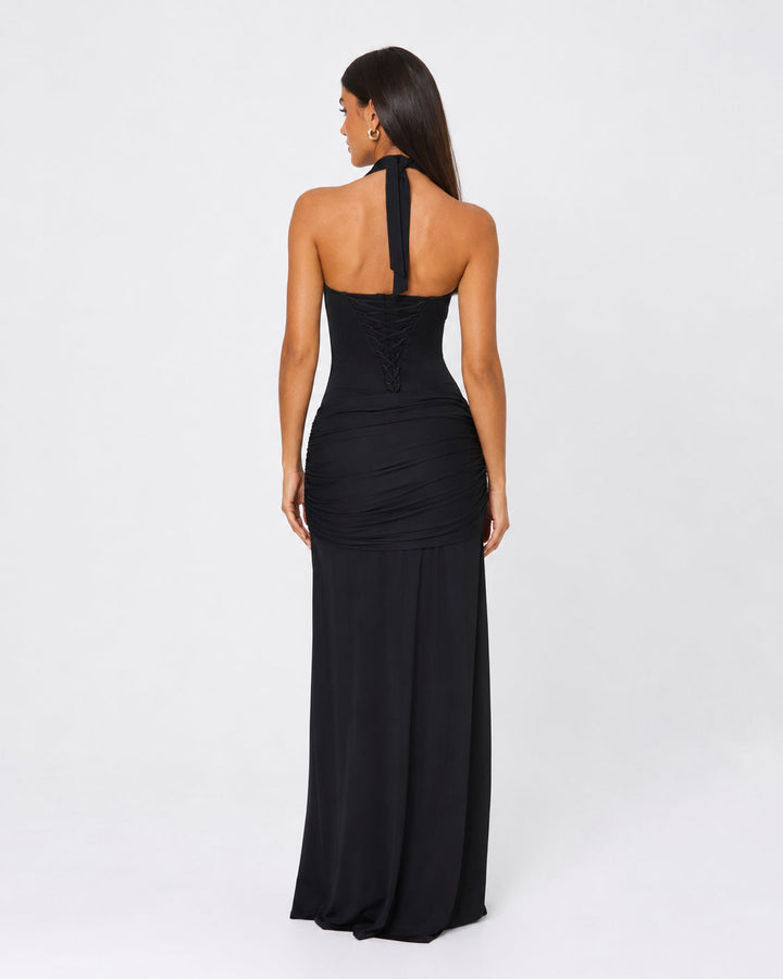 Midnight Hour Maxi — women's maxi dress, close-up of the fabric and neckline