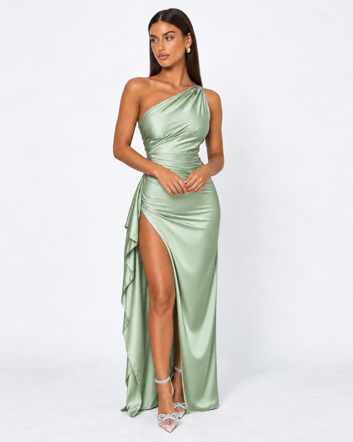 Main Event Satin Maxi — women's maxi dress, close-up of the fabric and neckline