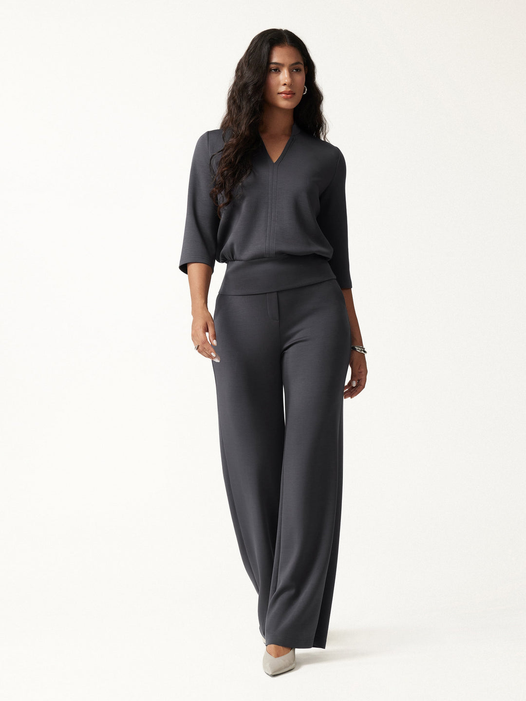 2Pcs Set V-Neck Elbow Sleeve Top & High-Rise Wide Leg Pants with Pockets — women's women > bundles&sets > bundles, front view