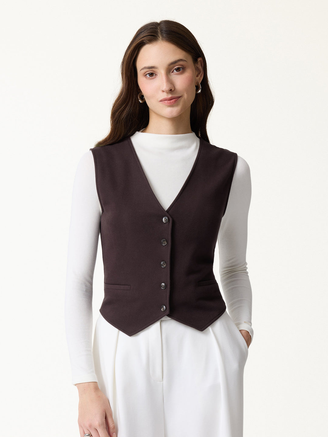 Petite-Friendly V-Neck Sleeveless Button-Down Cropped Vest
