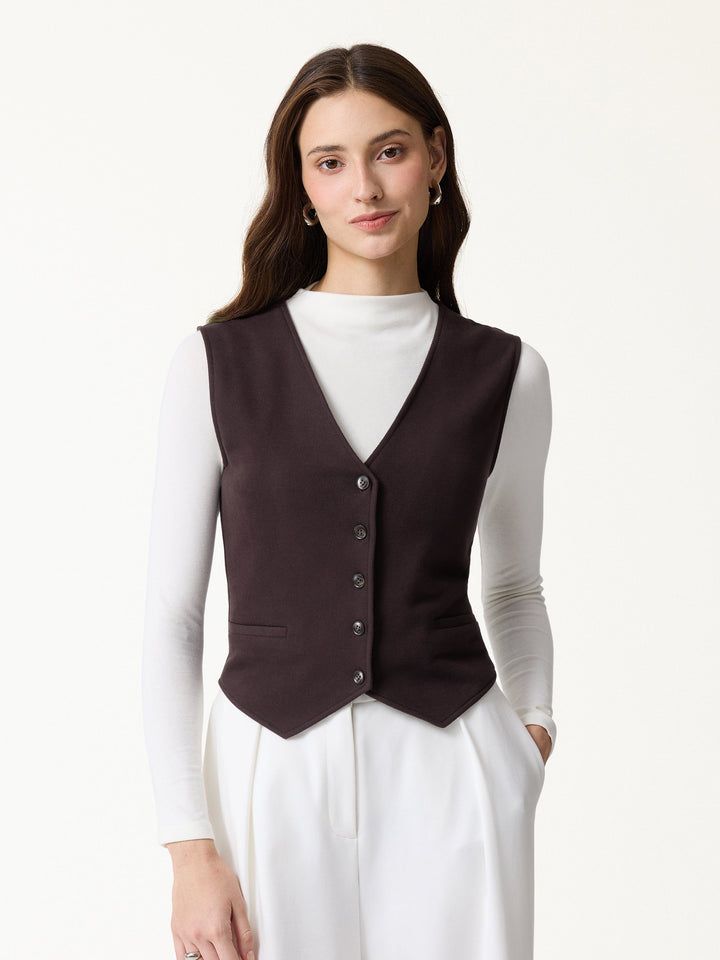 Petite-Friendly V-Neck Sleeveless Button-Down Cropped Vest