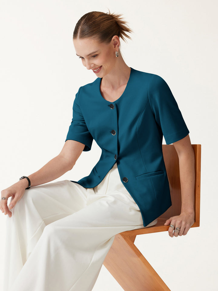 Ponte Office Round Neck Elbow Sleeve Jacket with Pockets