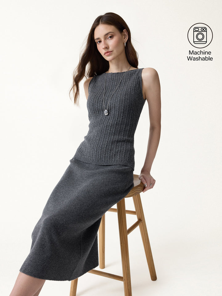 2Pcs Set Merino-Blend Sleeveless Sweater Tank & Merino-Blend Knit Skirt
