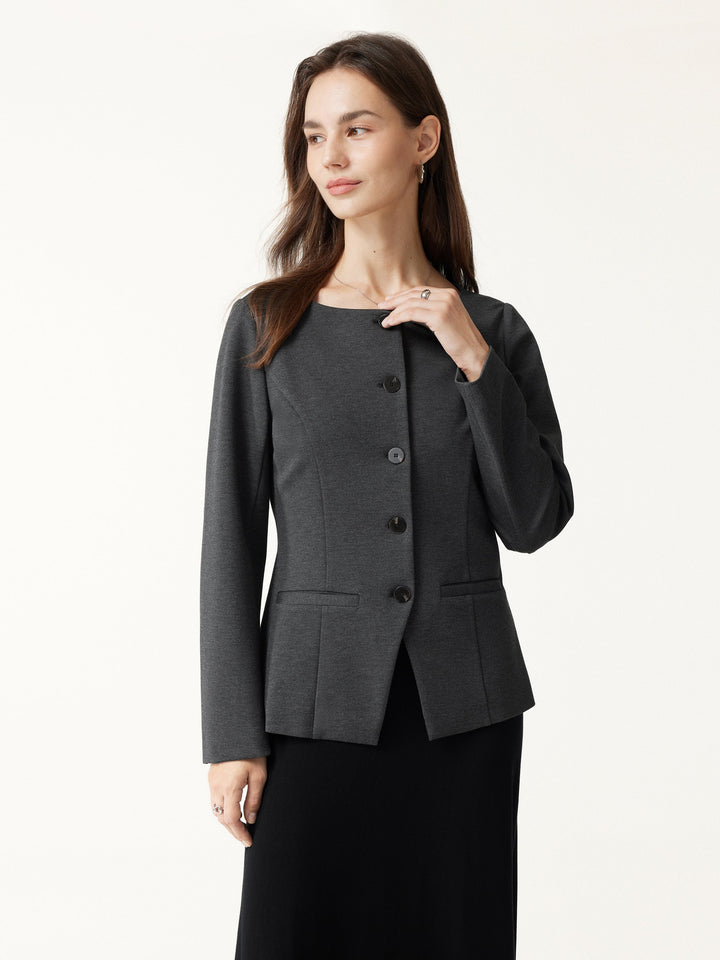 Ponte Office Round Neck Long Sleeve Jacket with Pockets