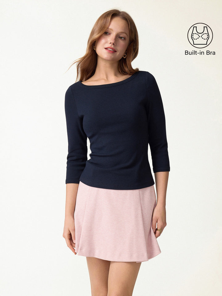 Plantive® Boatneck 3/4 Sleeve Built-In Bra Top 2.0