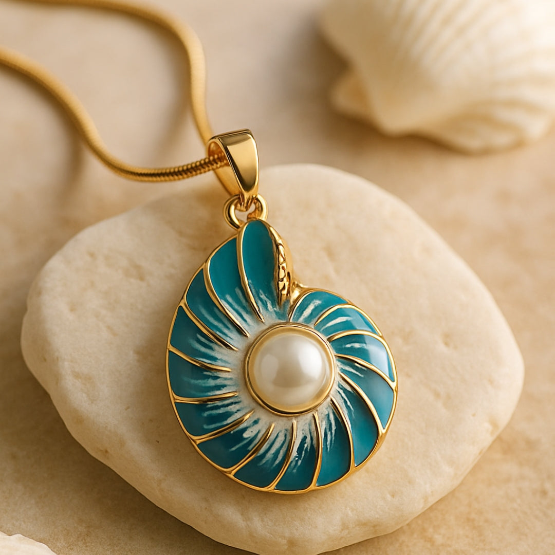 Seashell pearl pendant necklace styled on a mannequin neck form
